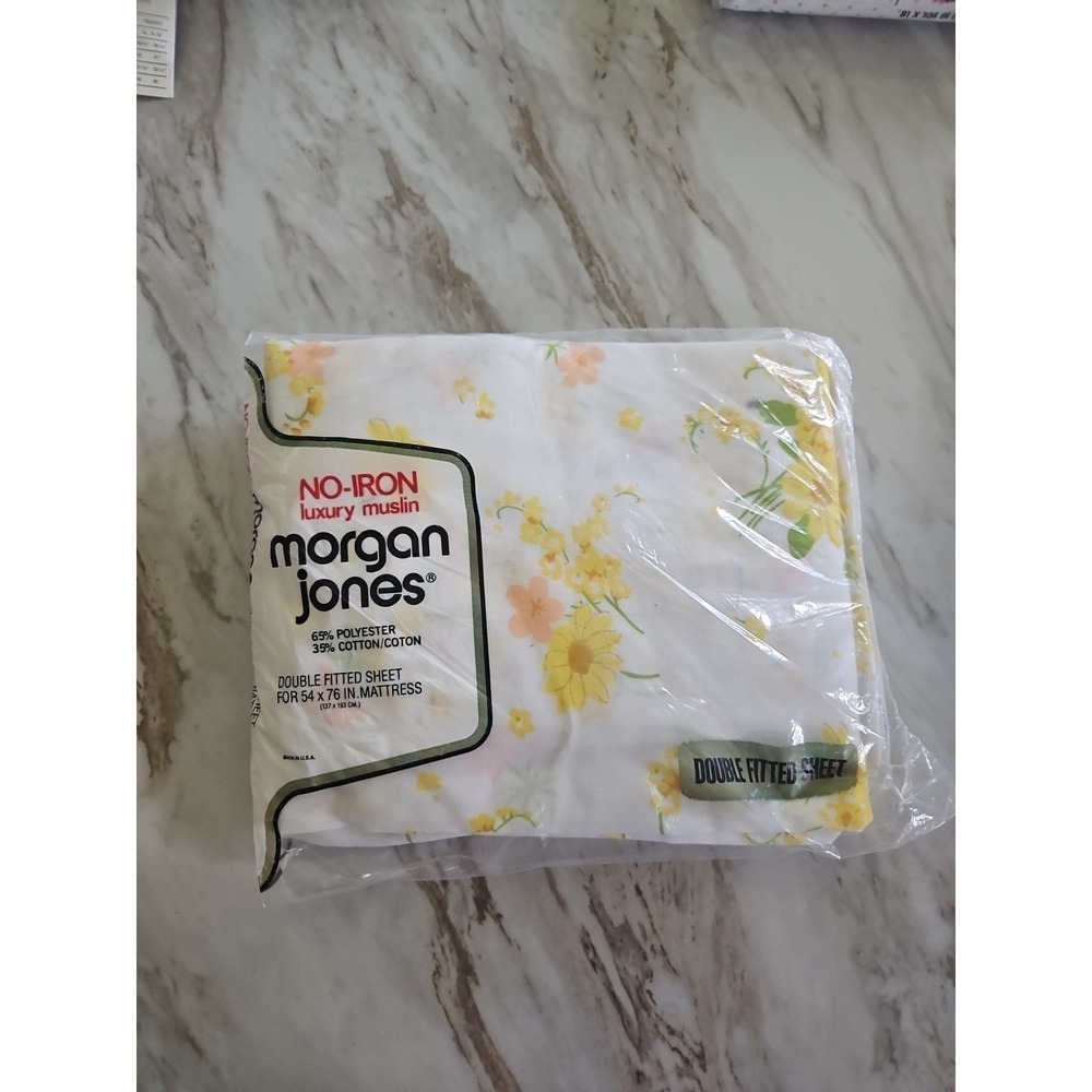 Vintage New Double Fitted Sheet Morgan Jones Pattern Yellow Flowers No Iron